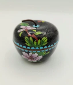 Black Enamel Cloisonne Flower Butterfly Apple Shaped Trinket Box Jar Ring Pill - Picture 1 of 12