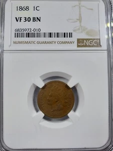 1868 Indian Head Cent - NGC VF30 BN  - Picture 1 of 4