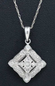 Vintage 14K White Gold 0.25 TCW Natural Diamond Square Pendant w/ 18" Necklace - Picture 1 of 11