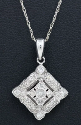 Винтажный 14K белое золото 0,25 TCW натуральный бриллиант квадратный кулон с 18» ожерелье - Изображение 1 из 4