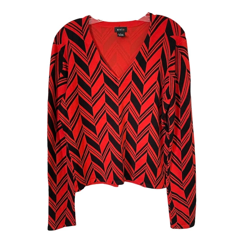 Evie Orange Red Black Zig Zag Soft Stretch V-Neck Knit Long Sleeve Sweater Top L - Image 1 of 3