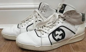 GUCCI Menswear White Leather REBOUND GG Logo Hi Top Sneakers Trainers Sz:8G - Picture 1 of 12