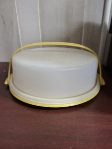 Tupperware Single Layer Round Cake Container Base Lid & Strap #719 Yellow White - Picture 1 of 4