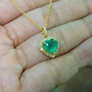 Natural Green Emerald & Diamond Heart Pendant Necklace Wedding 14K Yellow Gold - Picture 1 of 12