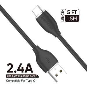 Cable TPE grueso USB a tipo C, 2,4A de carga rápida cable de datos 5 pies - negro - Imagen 1 de 6