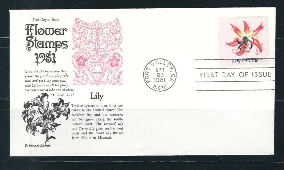 USA SC # 1879 Flowers - Lily - FDC . Aristocrat Cachet - Image 1 of 1