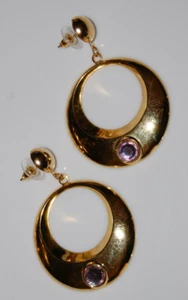 ELEGANT VTG 80-90'S LILAC CRYSTAL GOLDEN ROUND LG DROP DANGLE HOOP POST EARRINGS - Picture 1 of 10