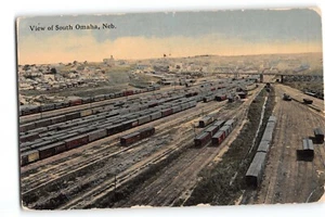 Vista postal del sur de Omaha, Nebraska, 1916, patios ferroviarios, trenes de carga, urbano - Imagen 1 de 2