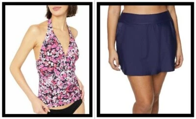 NWT Nautica Marina Halter Tankini Top Pink Floral + Core Navy Swim Skirt Set M - Image 1 of 4