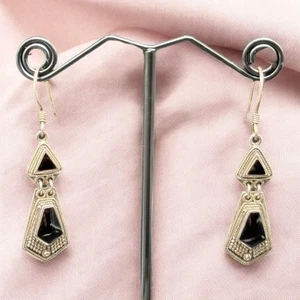 Orecchini pendenti argento sterling 925 BOMA gocce onice nera vintage tenuta 6,9 g - Foto 1 di 12