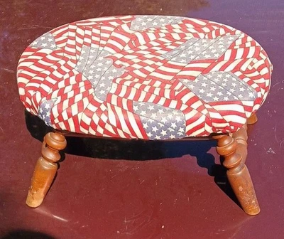 PATRIOTIC Mid Century Solid WOOD Footstool Seat Re RED WHITE AND BLUE FLAG COVER - Image 1 of 4