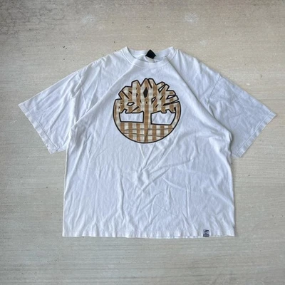 Vintage Y2K 00s White Timberland Made in USA Plaid Tree Big Logo Baggy Tee XL - Image 1 of 3