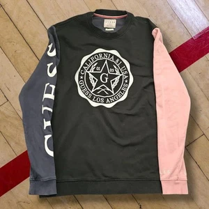 Guess Jeans Black Pink Navy Circle Logo Spell out Embroidered Sweatshirt - Picture 1 of 5