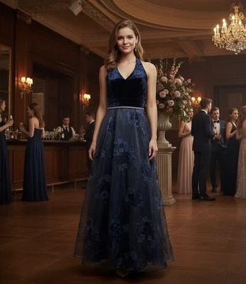 Ignite Evenings Blue Floral Halter Dress Formal Gown Sz 14 Velvet Party Holiday - Image 1 of 4