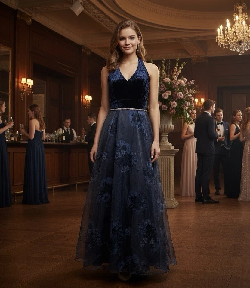 Ignite Evenings 蓝色花卉吊带礼服正式礼服 14 码天鹅绒派对假日 — 第 1/4 张图片