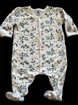 Petit Bateau EUC Ivory/Blue/pink Tulips 100% Cotton Knit Mid-Weight Footie-6Mos - Image 1 of 4