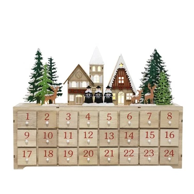 Wooden Advent Calendar with LED Lights, 24 Drawers, Barn House Reindeer Holiday Foto 1 de 4