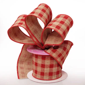 2 1/2" RED NATURAL COUNTRY LARGE GINGHAM CHECK WIRED RIBBON - 5 YARDS - Picture 1 of 1