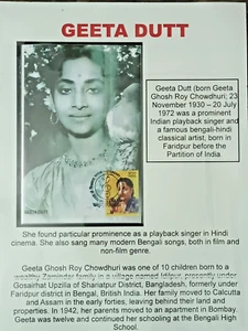 TARJETA POSTAL DE GEETA DUTT DE LA INDIA CON SELLO POSTAL LEGENDARIO CANTANTE DE LA INDIA 2016 - Imagen 1 de 3