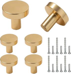 Schrankknöpfe Gold 6 Stück, rund Messing gebürstet Küchenschrankgriffe, Möbel - Bild 1 von 12