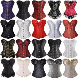 Women Lace Up Boned Bustier Corset Overbust Burlesque Lingerie Waist Trainer FNK - Picture 1 of 29