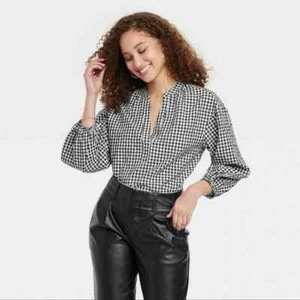 Women's Long Sleeve Gingham Popover Top - A New Day - Black/White Size Small - Picture 1 of 7