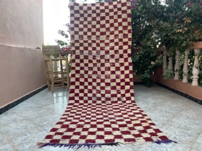 CHECKERED MOROCCAN HANDMADE RUNNER 3'5"x9'5" Bohemian Vintage Beige and Burgundy - Image 1 of 4