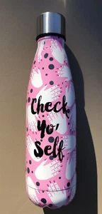 Botella de agua de acero inoxidable "CHECK YO' SELF" 16,9 oz con tornillo en la parte superior rosa/blanco - Imagen 1 de 5