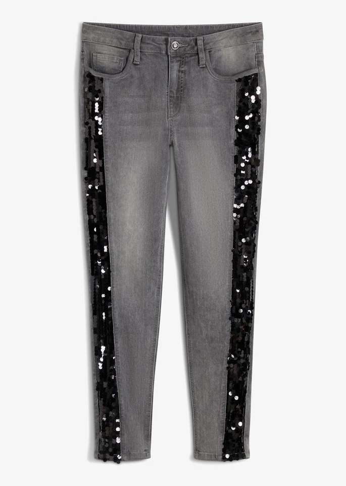 Skinny-Jeans mit Pailletten Gr. 38 Grau Denim Damenjeans Freizeit-Hose Neu - Bild 1 von 1