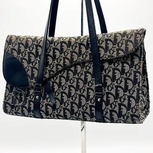 Christian Dior Saddle Flap Shoulder Bag Purse Trotter Canvas Black Auth - Picture 1 of 24