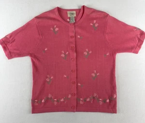 VTG Teddi Sweater Wmn PS Pink Embroidered Tulips Granny Cardigan Cottagecore - Picture 1 of 11