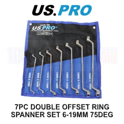 US PRO Tools 7 Piece Double Offset Ring Spanner Wrench Set 6 - 19MM 75DEG 3528