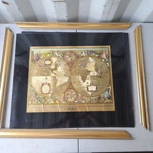 Vintage Gold Foil Blaeu Wall Map of Land And Oceans 15"x19” (NEEDS NEW FRAME) - Picture 1 of 9