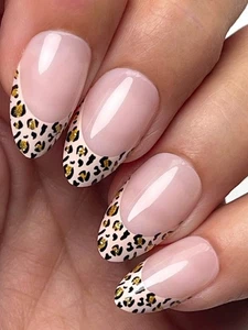 Red Aspen Press On Nails-Laili in Leopard-Medium-Almond- French-Shiny - Picture 1 of 3