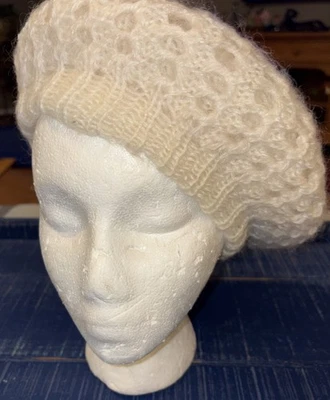 Vintage Crochet Angora Beret Hat Cream Color Extra Thick - Image 1 of 4