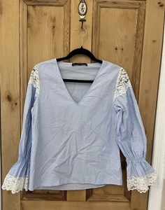 ZARA TOP Sleeves Size M 10 12 Blouse Shirt Work lace blue - Foto 1 di 4