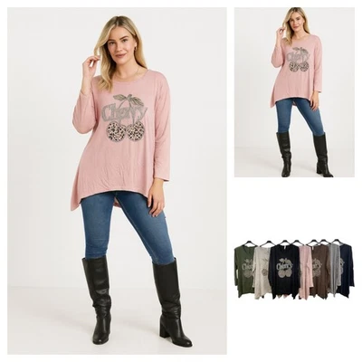 New Women's Italian Soft Knit Cherry Print Oversized Tunic Ladies Jumper Top UK - Image 1 of 3