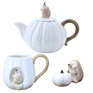 Keramik Teekanne Becher Salz & Pfeffer 3D Igel weiß Kürbis Design Country Living - Bild 1 von 15