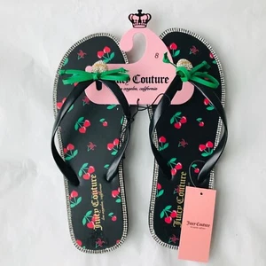 Juicy Couture Flip-Flops Slurpy Spring Rhinestones Heart Cherry Print Bow Size:8 - Picture 1 of 5