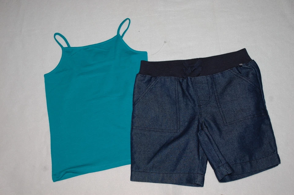 Girls Outfit TEAL CAMI TANK TOP &  DARK BLUE DENIM BERMUDA SHORTS 2 Pocket M 7-8 - Image 1 of 1