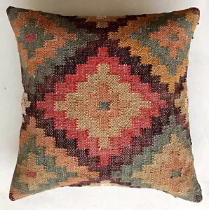 Kilim Rug Jute Indian Cushion Cushion Cover Handmade 18x18" Pillow Case Vintage - Picture 1 of 5