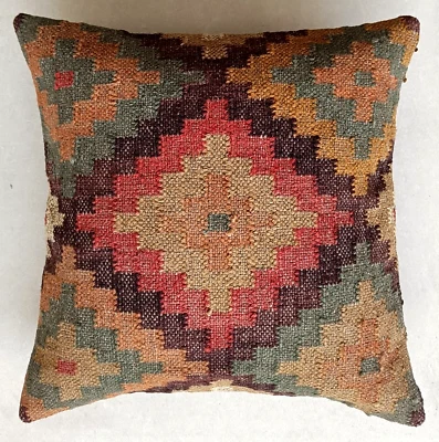 Kilim Rug Jute Indian Cushion Cushion Cover Handmade 18x18" Pillow Case Vintage - Image 1 of 4