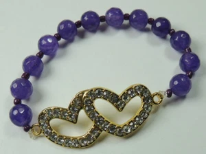 Pulsera elástica de amatista y cuentas de semillas elegante doble corazón estrás hecha a mano - Imagen 1 de 2