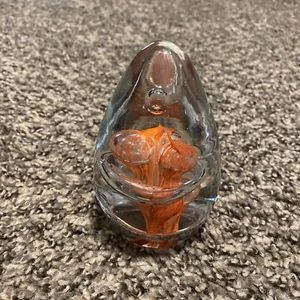 Art Glass Iridescent Egg Paperweight Orange Inside Designs 4” Tall - Picture 1 of 8