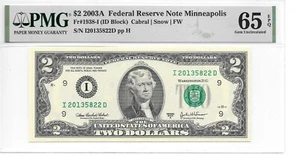 2003A Minneapolis $2 FRN ID Block Sheet Note PMG 65 EPQ Gem Uncirculated - Picture 1 of 4