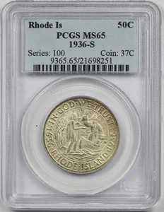 1936-S Rhode Island 50C PCGS MS 65 Early Silver Commemorative Half Dollar - Picture 1 of 4