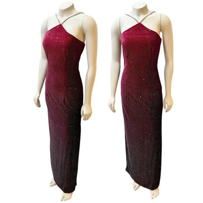 Dave and Johnny by Laura Ryner Red Burgundy Ombré Glitter Crystal Neck Gown 3/4 - image 1 of 4