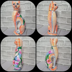 Hand Painted Neon Kitty Cat Piggy Bank, 12" Tall - Picture 1 of 11