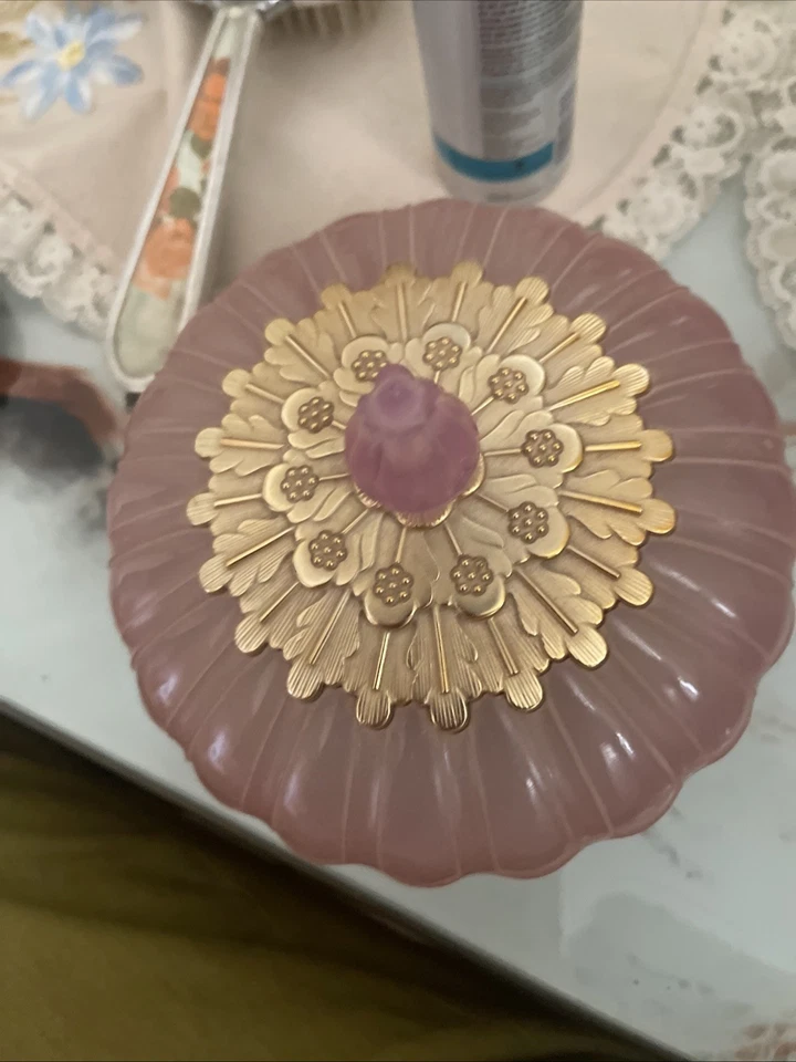 Vintage Avon Pink Lotus Blossom Dusting Powder Jar w/ Powder 1970s Vanity Decor - image 1 of 4