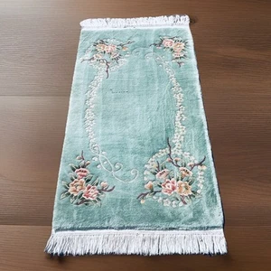 c1920s ANTIQUE MINT ART DECO CHINESE Rug Handmade Carpet 35x60” Teal Floral Des - Picture 1 of 12
